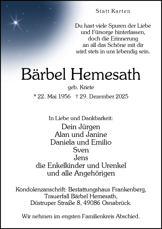 Traueranzeige von Bärbel Hemesath von Neue Osnabrücker Zeitung GmbH & Co. KG