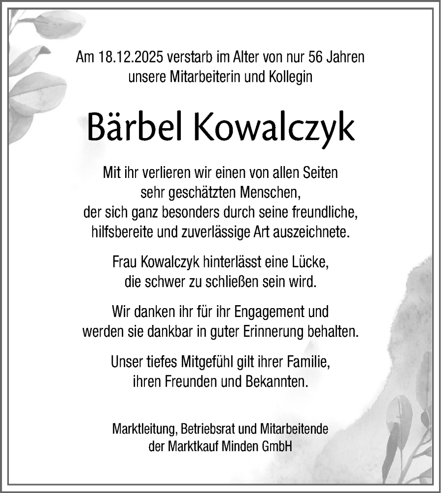  Traueranzeige für Bärbel Kowalczyk vom 03.01.2026 aus Neue Osnabrücker Zeitung GmbH & Co. KG