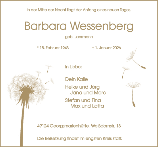 Traueranzeige von Barbara Wessenberg von Neue Osnabrücker Zeitung GmbH & Co. KG