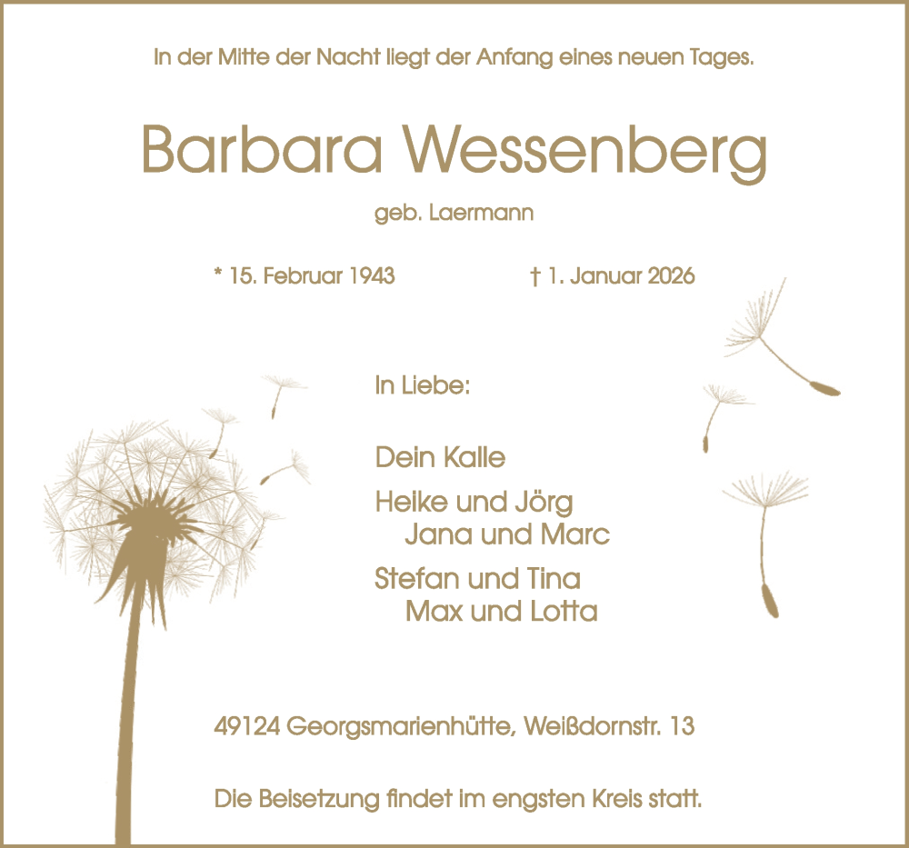  Traueranzeige für Barbara Wessenberg vom 10.01.2026 aus Neue Osnabrücker Zeitung GmbH & Co. KG