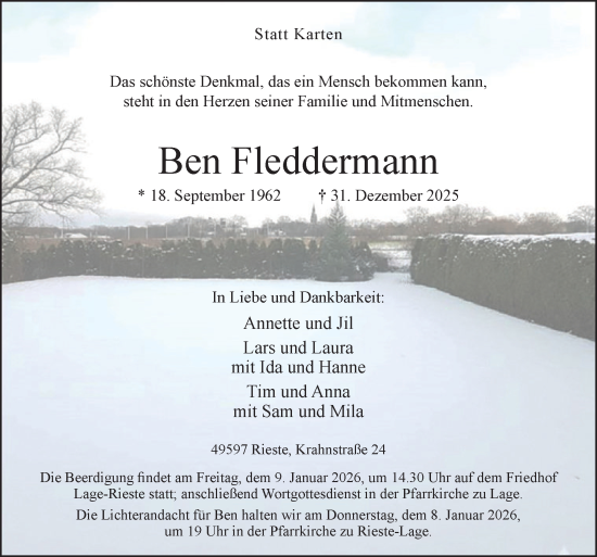 Traueranzeige von Ben Fleddermann von Neue Osnabrücker Zeitung GmbH & Co. KG