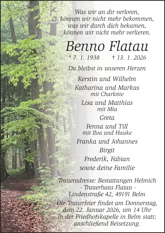 Traueranzeige von Benno Flatau von Neue Osnabrücker Zeitung GmbH & Co. KG
