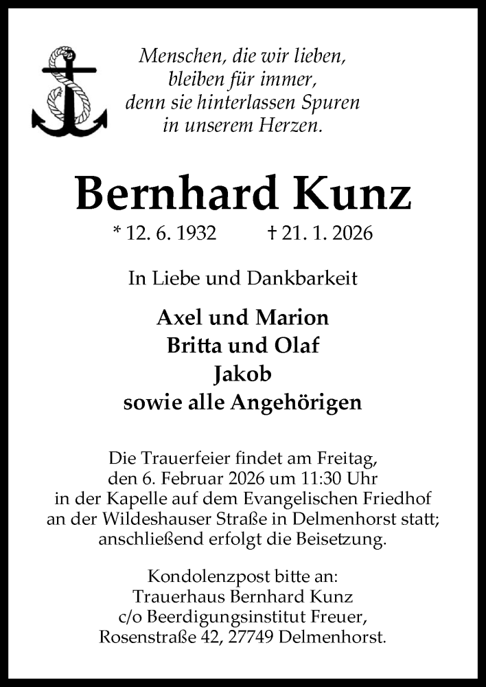  Traueranzeige für Bernhard Kunz vom 31.01.2026 aus DK Medien GmbH & Co. KG