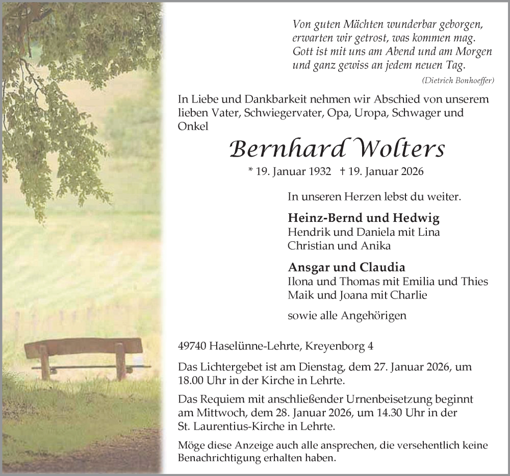  Traueranzeige für Bernhard Wolters vom 24.01.2026 aus Neue Osnabrücker Zeitung GmbH & Co. KG