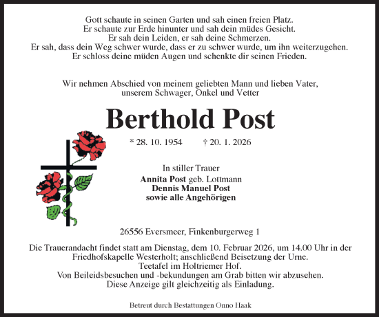 Traueranzeige von Berthold Post von Ostfriesischer Kurier / Norderneyer Badezeitung