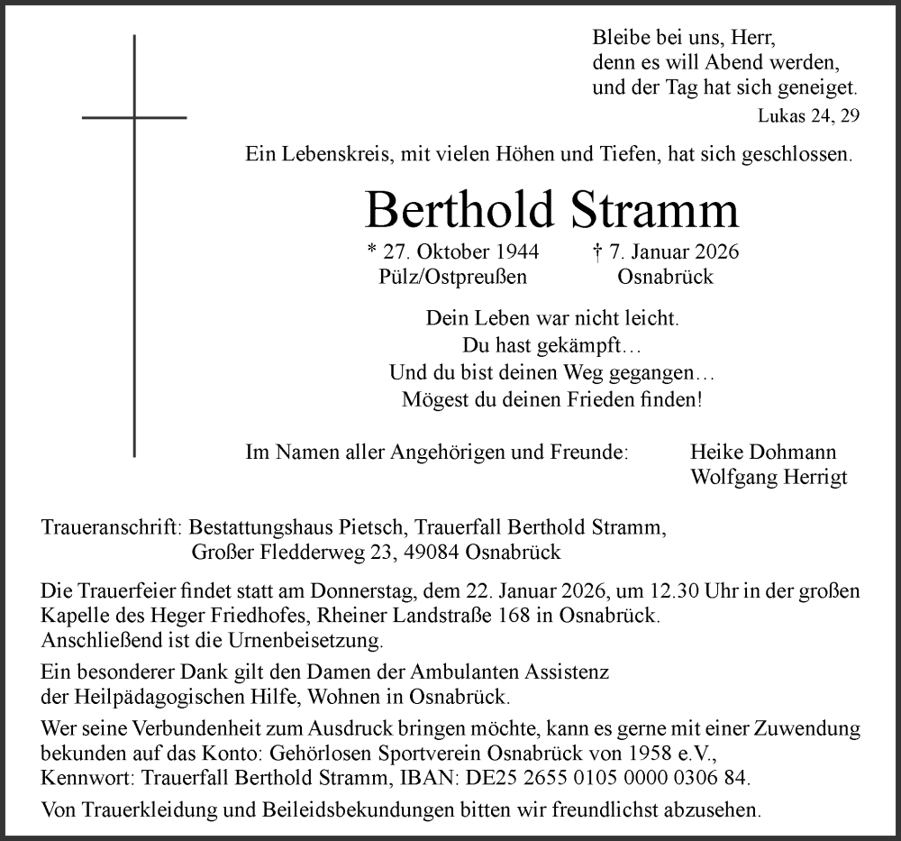 Traueranzeige für Berthold Stramm vom 17.01.2026 aus Neue Osnabrücker Zeitung GmbH & Co. KG
