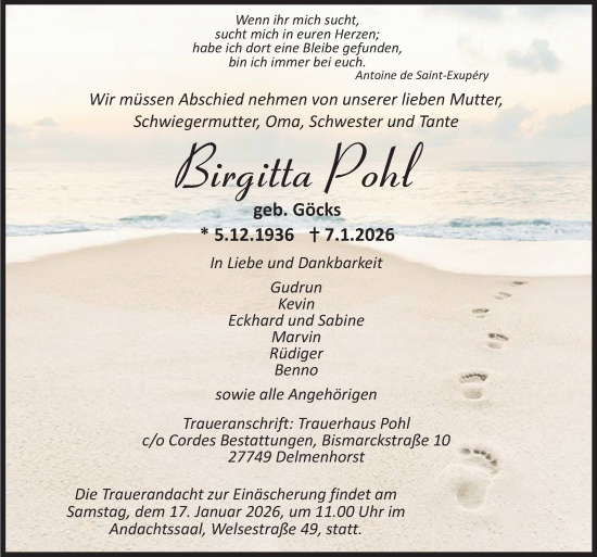 Traueranzeige von Birgitta Pohl von DK Medien GmbH & Co. KG