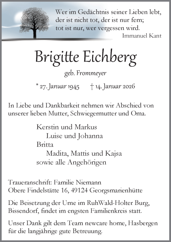 Traueranzeige von Brigitte Eichberg von Neue Osnabrücker Zeitung GmbH & Co. KG