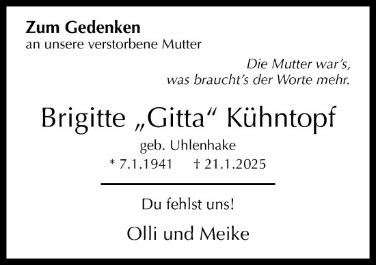 Traueranzeige von Brigitte Kühntopf von Neue Osnabrücker Zeitung GmbH & Co. KG