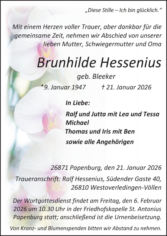 Traueranzeige von Brunhilde Hessenius von Neue Osnabrücker Zeitung GmbH & Co. KG