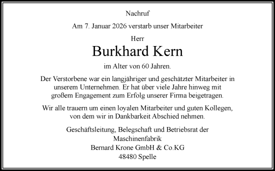 Traueranzeige von Burkhard Kern von Neue Osnabrücker Zeitung GmbH & Co. KG