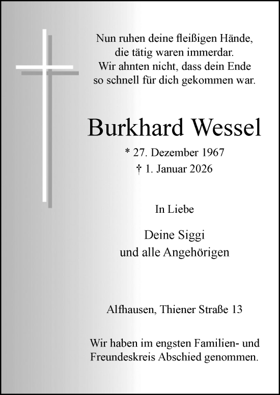Traueranzeige von Burkhard Wessel von Neue Osnabrücker Zeitung GmbH & Co. KG