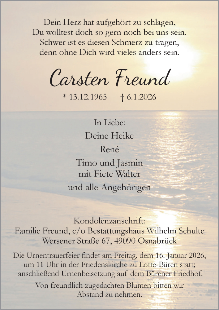 Traueranzeige für Carsten Freund vom 10.01.2026 aus Neue Osnabrücker Zeitung GmbH & Co. KG