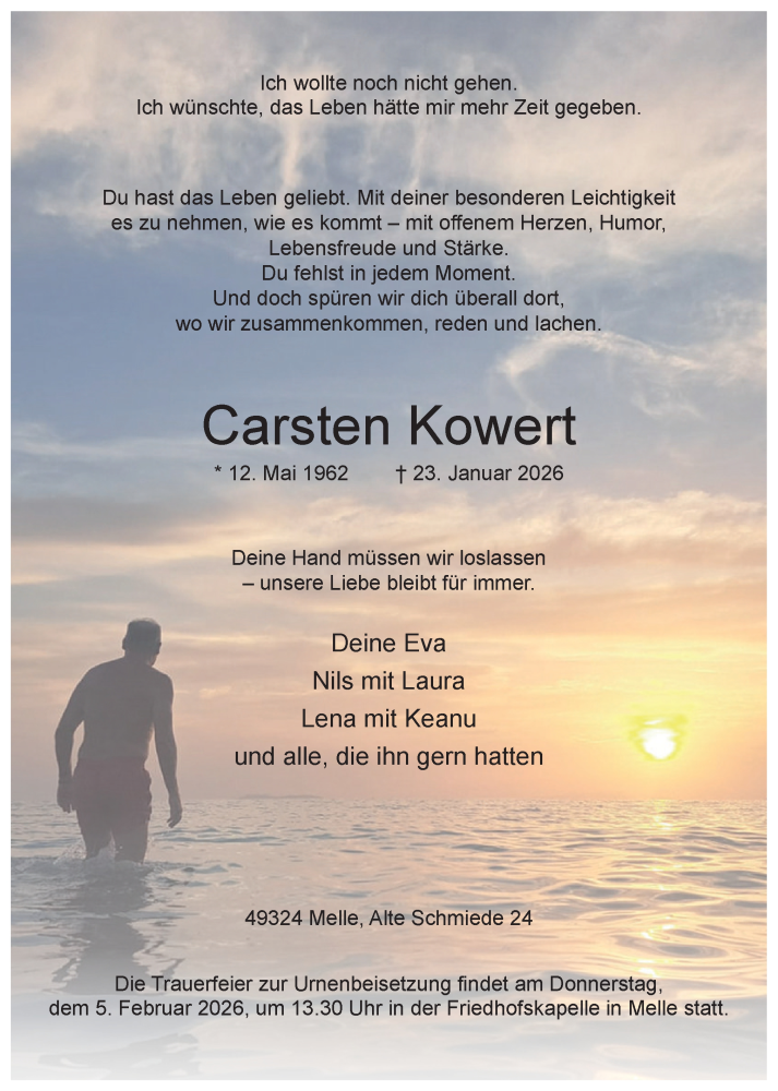  Traueranzeige für Carsten Kowert vom 31.01.2026 aus Neue Osnabrücker Zeitung GmbH & Co. KG
