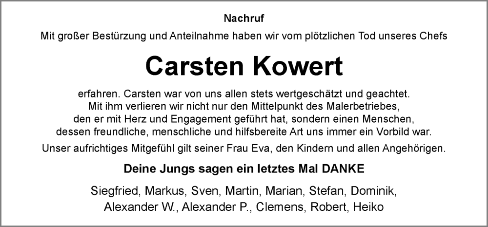  Traueranzeige für Carsten Kowert vom 31.01.2026 aus Neue Osnabrücker Zeitung GmbH & Co. KG