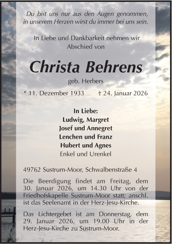 Traueranzeige von Christa Behrens von Neue Osnabrücker Zeitung GmbH & Co. KG