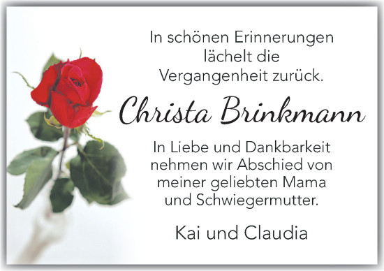 Traueranzeige von Christa Brinkmann von Neue Osnabrücker Zeitung GmbH & Co. KG