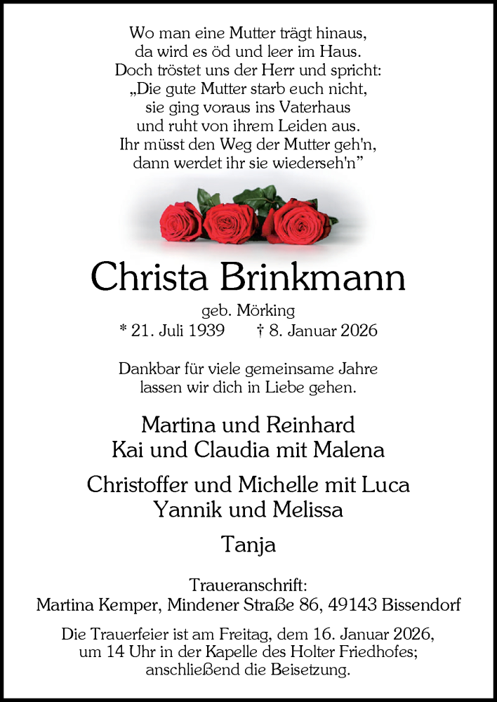  Traueranzeige für Christa Brinkmann vom 10.01.2026 aus Neue Osnabrücker Zeitung GmbH & Co. KG