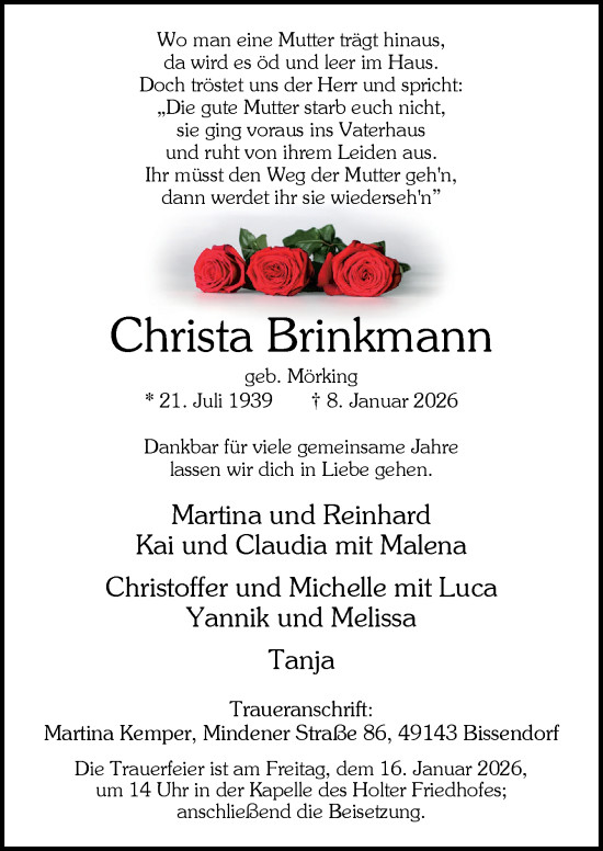 Traueranzeige von Christa Brinkmann von Neue Osnabrücker Zeitung GmbH & Co. KG
