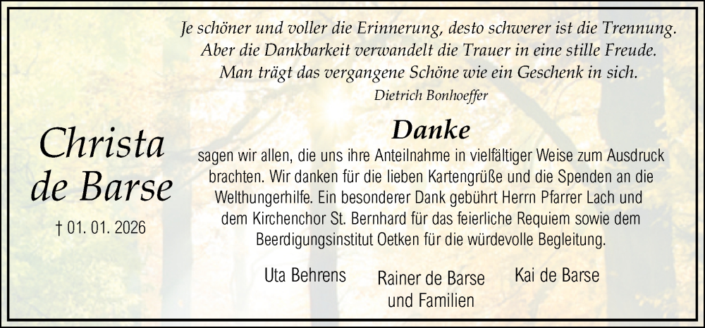  Traueranzeige für Christa de Barse vom 24.01.2026 aus DK Medien GmbH & Co. KG