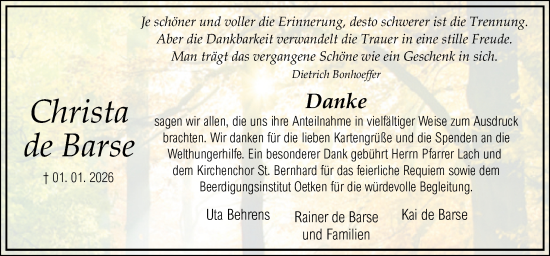 Traueranzeige von Christa de Barse von DK Medien GmbH & Co. KG