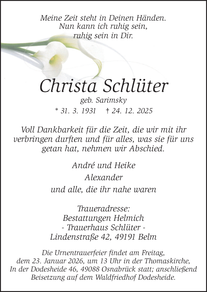  Traueranzeige für Christa Schlüter vom 10.01.2026 aus Neue Osnabrücker Zeitung GmbH & Co. KG