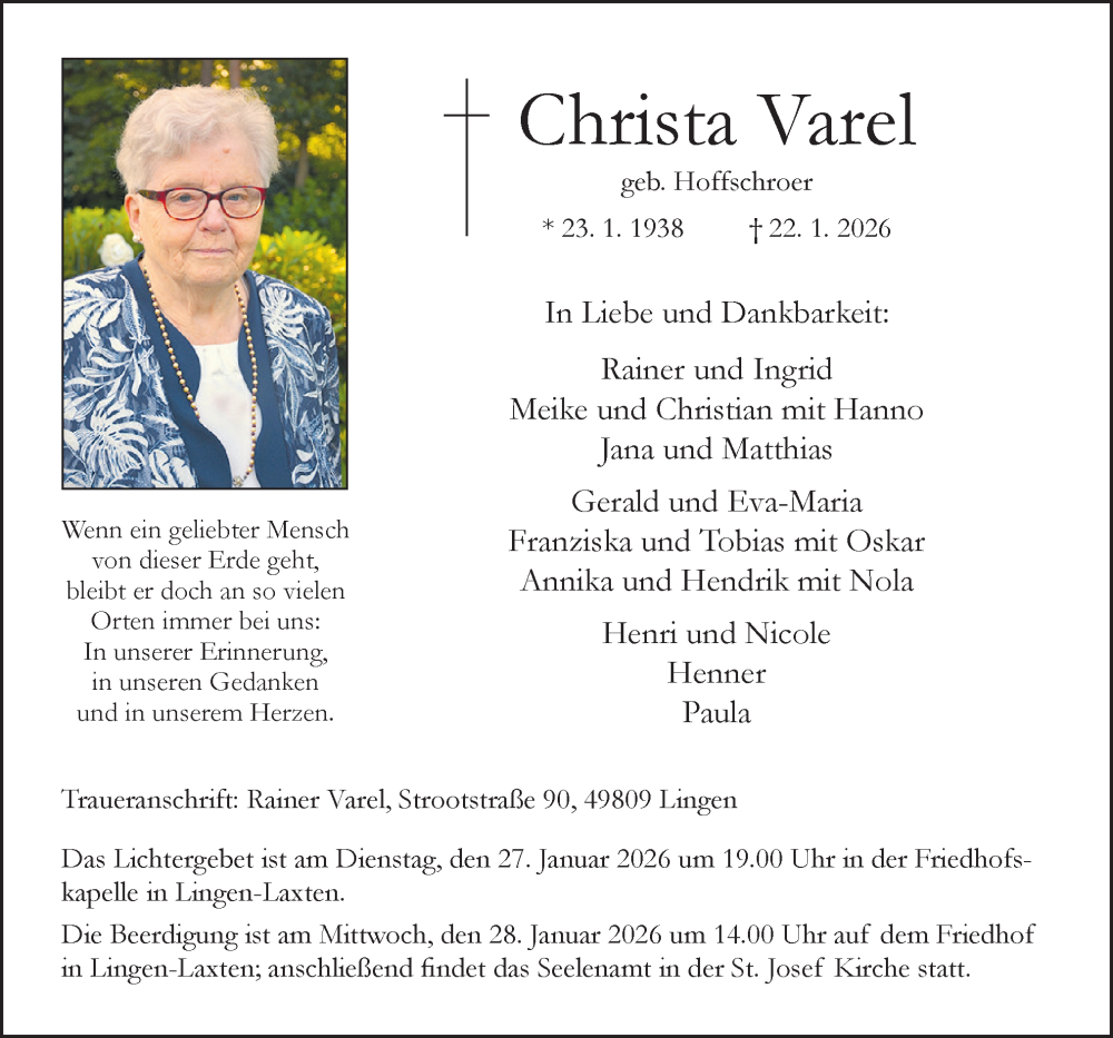  Traueranzeige für Christa Varel vom 26.01.2026 aus Neue Osnabrücker Zeitung GmbH & Co. KG