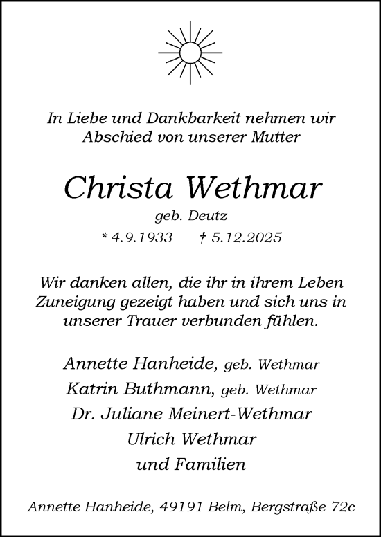 Traueranzeige von Christa Wethmar von Neue Osnabrücker Zeitung GmbH & Co. KG