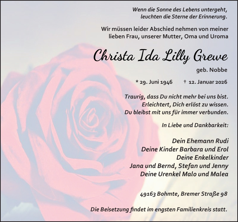  Traueranzeige für Christa Ida Lilly Grewe vom 24.01.2026 aus Neue Osnabrücker Zeitung GmbH & Co. KG