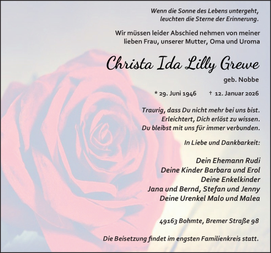 Traueranzeige von Christa Ida Lilly Grewe von Neue Osnabrücker Zeitung GmbH & Co. KG