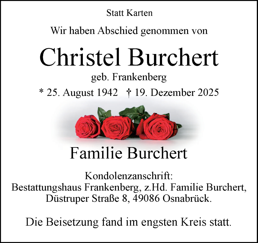  Traueranzeige für Christel Burchert vom 31.01.2026 aus Neue Osnabrücker Zeitung GmbH & Co. KG