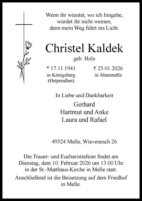 Traueranzeige von Christel Kaldek von Neue Osnabrücker Zeitung GmbH & Co. KG