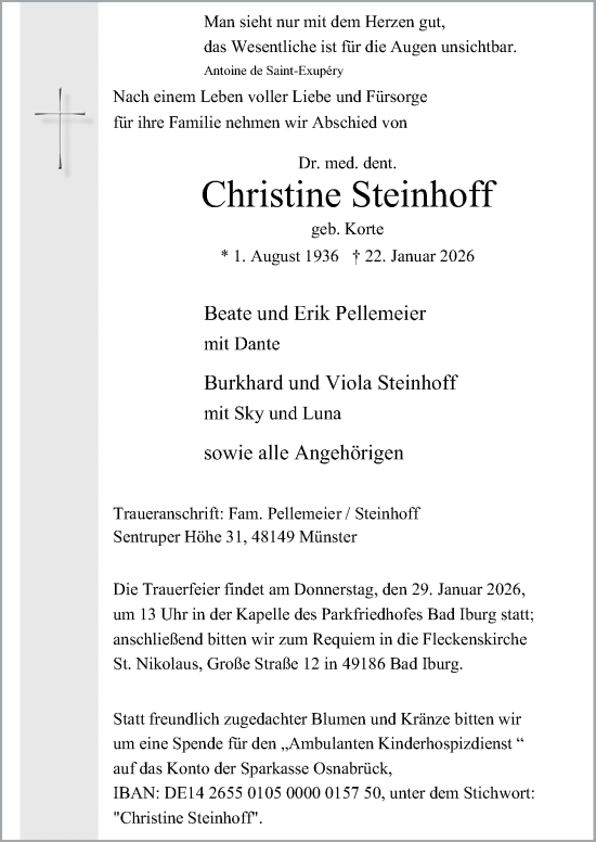 Traueranzeige von Christine Steinhoff von Neue Osnabrücker Zeitung GmbH & Co. KG