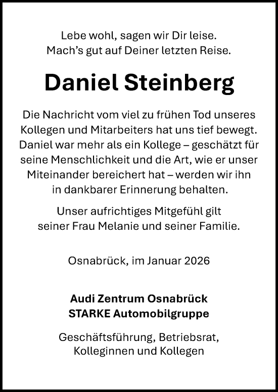 Traueranzeige von Daniel Steinberg von Neue Osnabrücker Zeitung GmbH & Co. KG