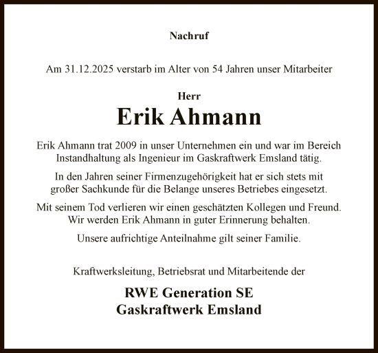 Traueranzeige von Erik Ahmann von Neue Osnabrücker Zeitung GmbH & Co. KG