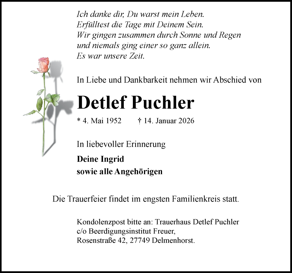 Traueranzeige für Detlef Puchler vom 17.01.2026 aus DK Medien GmbH & Co. KG
