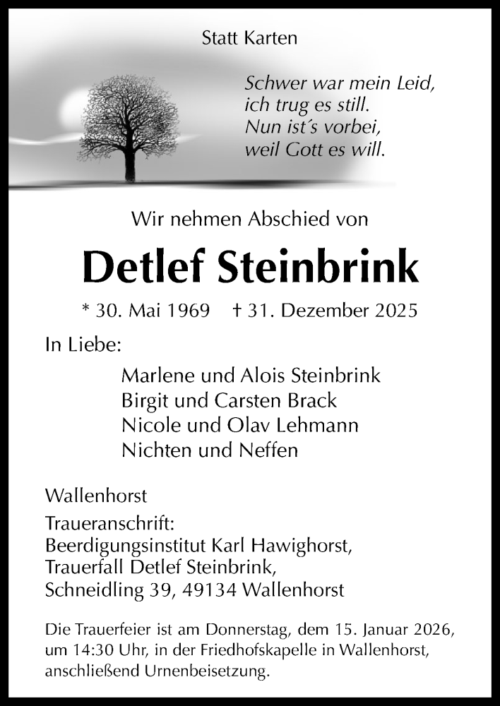  Traueranzeige für Detlef Steinbrink vom 10.01.2026 aus Neue Osnabrücker Zeitung GmbH & Co. KG