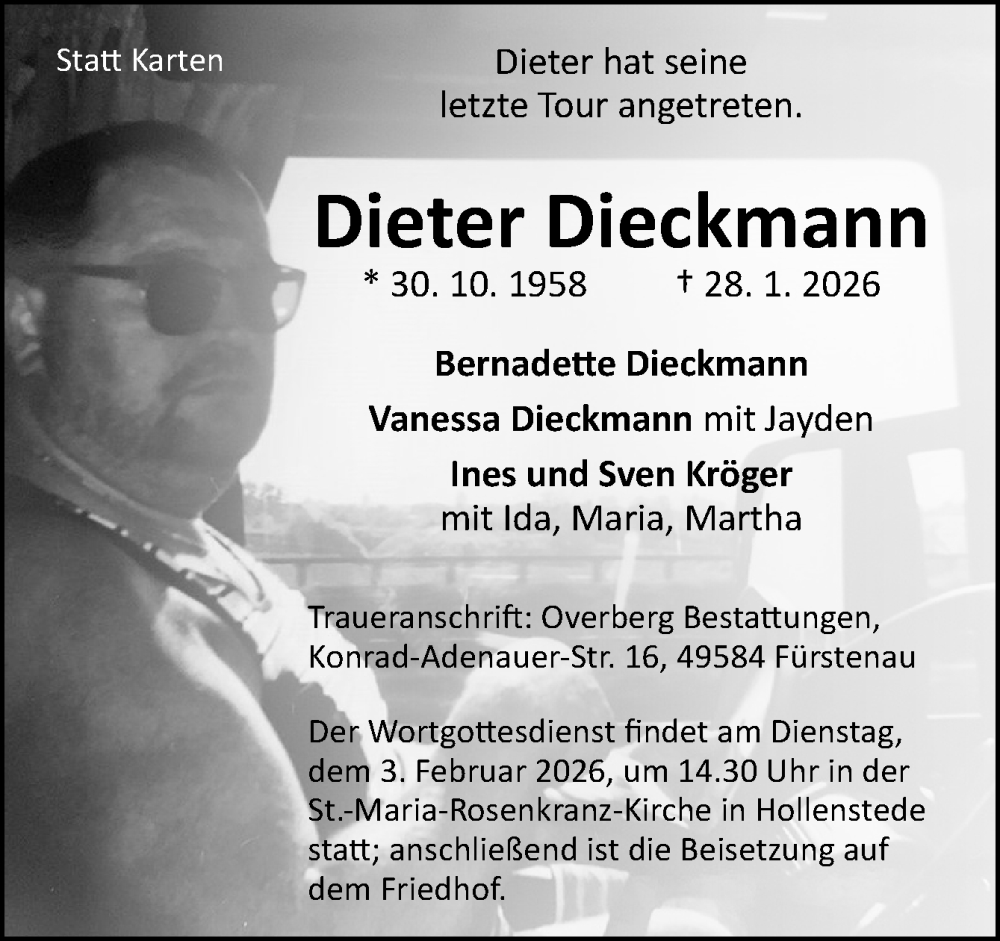  Traueranzeige für Dieter Dieckmann vom 31.01.2026 aus Neue Osnabrücker Zeitung GmbH & Co. KG