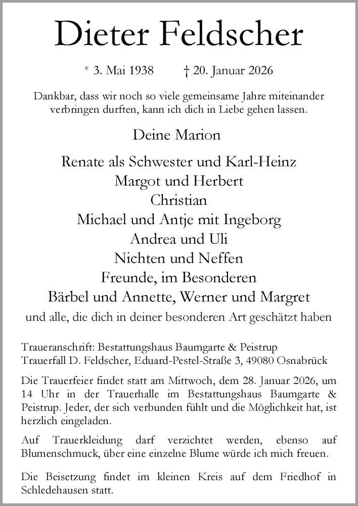  Traueranzeige für Dieter Feldscher vom 24.01.2026 aus Neue Osnabrücker Zeitung GmbH & Co. KG