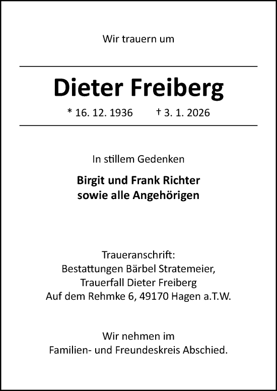 Traueranzeige von Dieter Freiberg von Neue Osnabrücker Zeitung GmbH & Co. KG