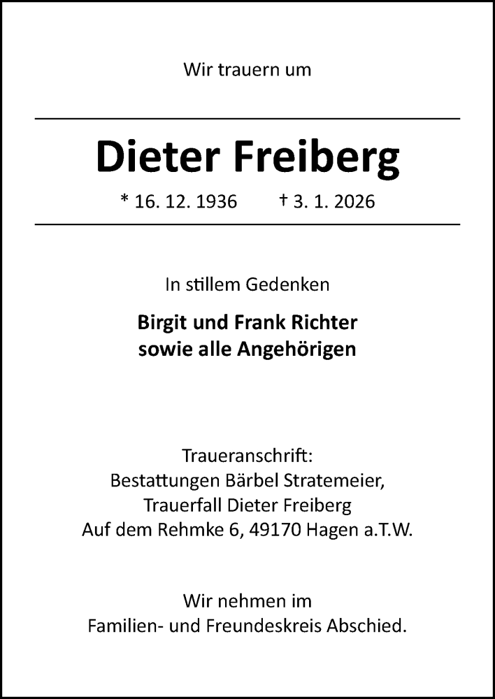 Traueranzeige für Dieter Freiberg vom 10.01.2026 aus Neue Osnabrücker Zeitung GmbH & Co. KG