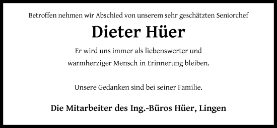Traueranzeige von Dieter Hüer von Neue Osnabrücker Zeitung GmbH & Co. KG