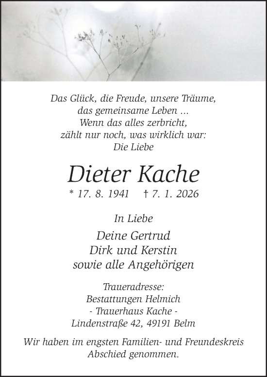 Traueranzeige von Dieter Kache von Neue Osnabrücker Zeitung GmbH & Co. KG