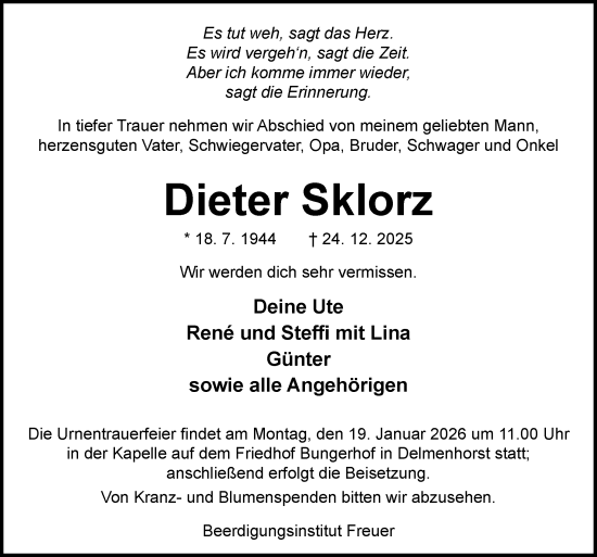 Traueranzeige von Dieter Sklorz von DK Medien GmbH & Co. KG