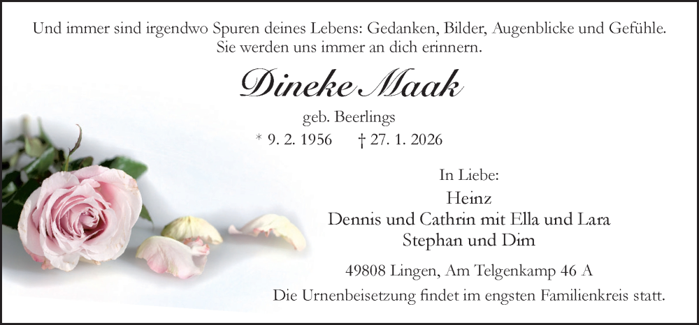  Traueranzeige für Dineke Maak vom 31.01.2026 aus Neue Osnabrücker Zeitung GmbH & Co. KG