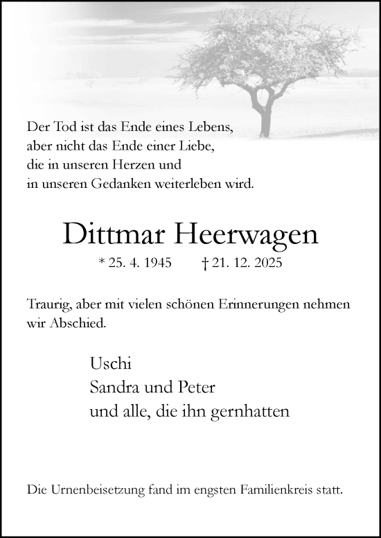 Traueranzeige von Dittmar Heerwagen von Neue Osnabrücker Zeitung GmbH & Co. KG