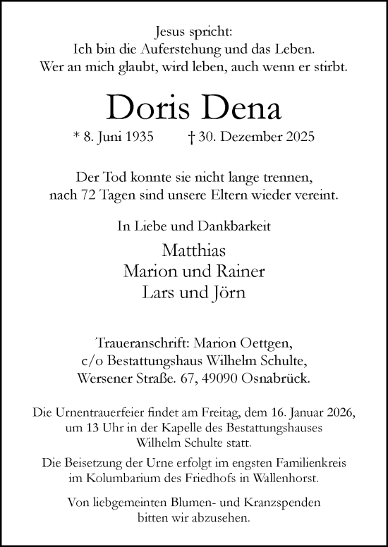 Traueranzeige von Doris Dena von Neue Osnabrücker Zeitung GmbH & Co. KG