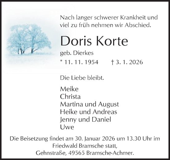 Traueranzeige von Doris Korte von Neue Osnabrücker Zeitung GmbH & Co. KG