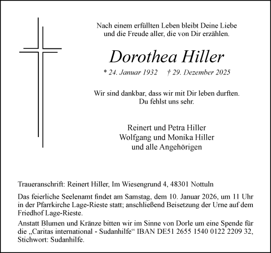 Traueranzeige von Dorothea Hiller von Neue Osnabrücker Zeitung GmbH & Co. KG