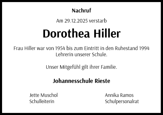 Traueranzeige von Dorothea Hiller von Neue Osnabrücker Zeitung GmbH & Co. KG